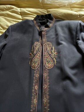 Black Men's Nehru Jacket with Gold & Red Paisley Embroidery